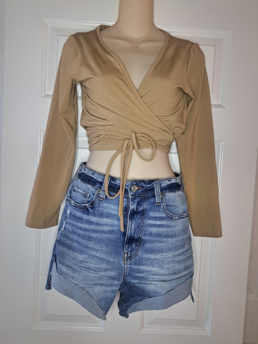 celebrity pink denim shorts and wrap top set